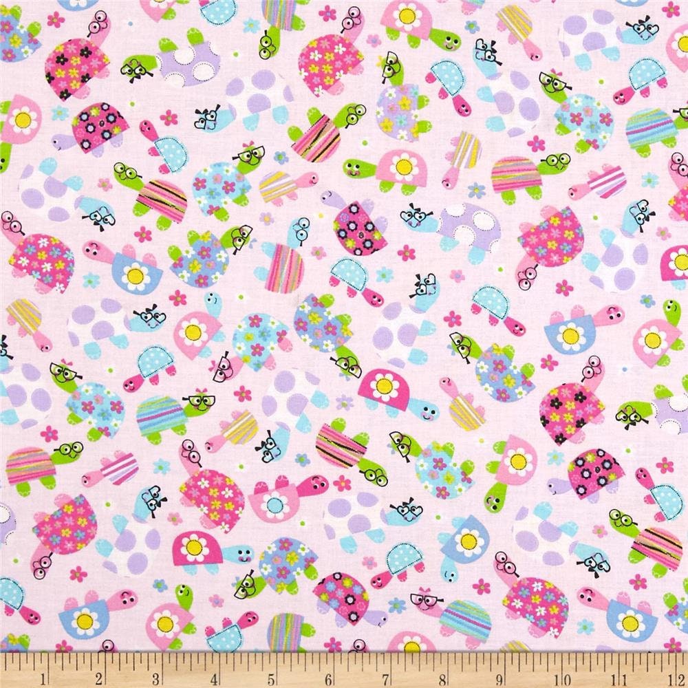 Turtle Champions on Pink Cotton Fabric, Princess Flower Girl Turtles Reptile Novelty Apparel Quilting, 1 Yard or More