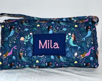 Floral Mermaid Nautical Ocean Sea Kids Nap Mat with Pink Minky Dot Blanket, Personalize Preschool Kinder Toddler Daycare Sleeping Mat