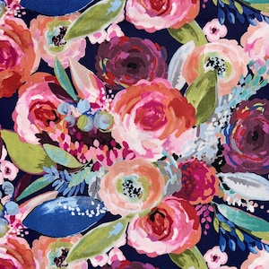 Blissful Blooms Navy Cotton Fabric, Watercolor Floral Rose, Riley Blake Designs, 1 Yard or More