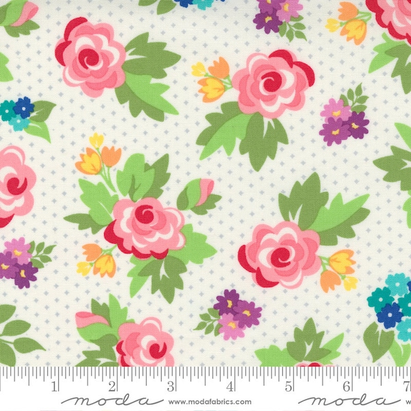 Love Lily Rosey Sugar Floral Flower Cotton Fabric, Polka Dot Garden Quilting, April Rosenthal Prairie Grass, Moda Fabrics, 1 Yard or More