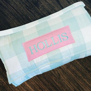 Snowy Green Buffalo Check Plaid Kids Nap Mat with a Pink Minky Dot Blanket, Personalized Preschool Kinder Toddler Daycare Sleeping Mat