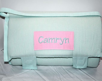 Mint Green Seersucker Stripe Memory Foam Kids Nap Mat with Pink Minky Dot Blanket, Personalized Preschool High Density Foam Toddler Mat