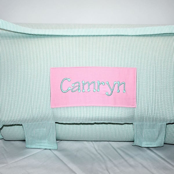 Mint Green Seersucker Stripe Memory Foam Kids Nap Mat with Pink Minky Dot Blanket, Personalized Preschool High Density Foam Toddler Mat