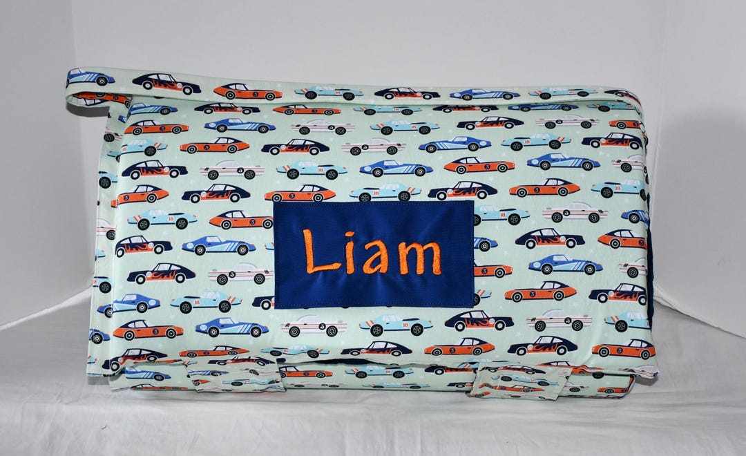 Full Speed Ahead Race Cars Memory Foam Kids Nap Mat With Navy Minky Dot ...