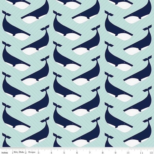 Deep Blue Sea Whale in Aqua Cotton Fabric, Ocean Sea Marine Novelty Apparel Fabric, 1 Yard or More, Jen Allyson, Riley Blake Designs