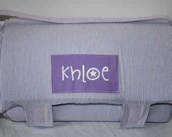 Lavender Seersucker Stripe Memory Foam Kids Nap Mat with Purple Minky Dot Blanket, Personalized Preschool High Density Foam Toddler Mat