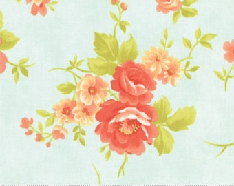 Chantilly on Duck Egg Cotton Fabric, Forget Me Not Blush Floral Flower on Blue Apparel Fabric, 1 Yard or More, Fig Tree Quilts, Moda Fabrics