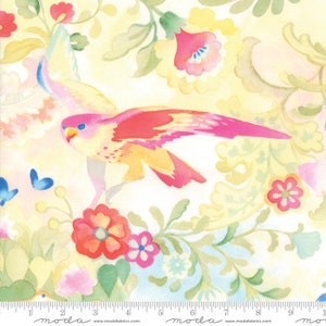 May include: Watercolor fabric with a vibrant design featuring a bird in flight, surrounded by flowers and foliage in shades of pink, red, yellow, and green. The fabric has a light yellow background with a floral pattern.