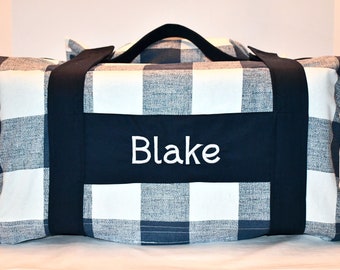 Navy Buffalo Lumberjack Check Plaid Kids Kinder Mat COVER with Attached Navy Minky Dot Blanket & Pillow, Personalized Preschool Daycare