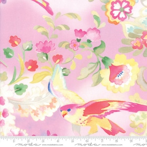 May include: Pink fabric with a watercolor floral pattern and a yellow and pink bird. The fabric has a repeating pattern of flowers, leaves, and birds. The fabric is perfect for quilting, sewing, and crafting.