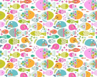 Go Fish Swimming with the Fishes on White Cotton Fabric, Fun Pink Girl Ocean Marine Sea Novelty, Maude Asbury, Blend Fabrics, 1 Yard or More