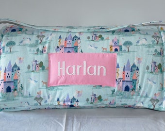 Fairy Tale Unicorn Princess Castle Floral Garden Kids Nap Mat and Pink Minky Dot Blanket, Preschool, Kinder, Toddler, Daycare, Sleeping Mat