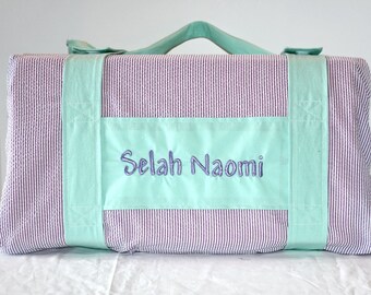 Lavender Seersucker Stripe Kinder Mat COVER with Attached Mint Minky Dot Blanket and Pillow, Preschool Daycare Kids Nap Mat Cover