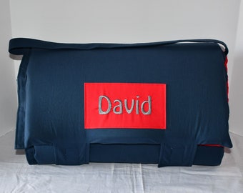Solid Navy Memory Foam Kids Nap Mat with Red Minky Dot Blanket, Personalized Preschool High Density Foam, Kinder Toddler Sleeping Nap Mat