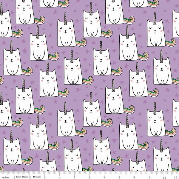 Caticorn on Lilac Cotton Fabric, Lavender Cat Unicorn Novelty Fun Quilting Apparel Fabric, 1 Yard or More, Riley Blake Designs