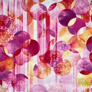 May include: Abstract fabric with a white background and overlapping circles in shades of pink, red, orange, and yellow. The circles have a watercolor effect and a subtle damask pattern.