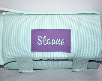 Mint Green Seersucker Stripe Memory Foam Kids Nap Mat with Purple Minky Dot Blanket, Personalized Preschool High Density Foam Toddler Mat