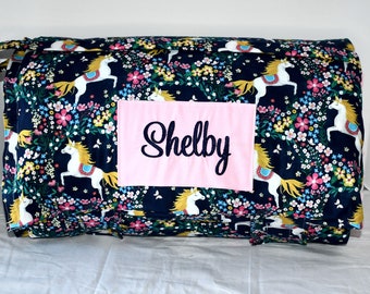 Fairy Tale Unicorn Forest Floral Garden Memory Foam Kids Nap Mat with Pink Minky Dot Blanket, Toddler Preschool High Density Foam Sleep Mat