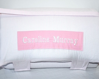 Lt. Pink Seersucker Stripe Memory Foam Kids Nap Mat with Pink Minky Dot Blanket, Personalized Preschool High Density Foam Mat, Toddler Mat