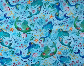 Mermaids Sea Maiden Aqua Cotton Fabric, Mer-mazing Ocean Sea, Michael Miller, 1 Yard or More