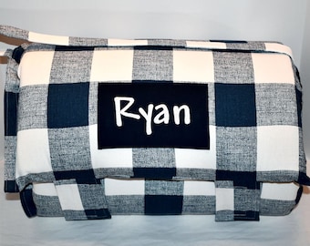 Navy Buffalo Plaid Memory Foam Kids Nap Mat with Navy Minky Dot Blanket, Personalized Preschool High Density Foam, Kinder Sleeping Nap Mat