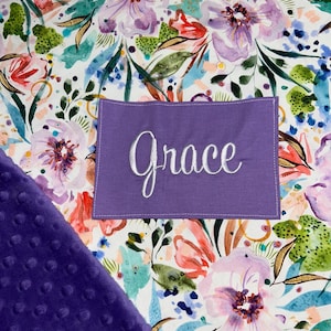 Watercolor Artistic Lavender Garden Floral Kids Nap Mat with Purple Minky Dot Blanket, Preschool Kinder Toddler Daycare Sleeping Mat