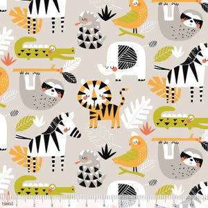 May include: A fabric pattern featuring a repeating jungle theme with illustrations of sloths, zebras, tigers, elephants, snakes, crocodiles, and birds in orange, green, black, white, and gray on a beige background with a 12-inch ruler at the bottom.