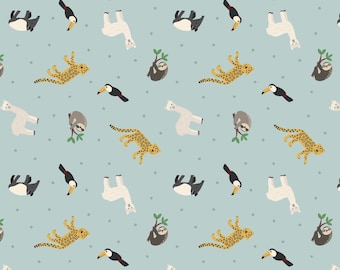 Cheetah, Bird, Llama, Sloth Tiny Animal Blue Cotton Fabric, South America Jungle Safari Zoo Novelty Fabric, 1 Yard or More, Lewis & Irene