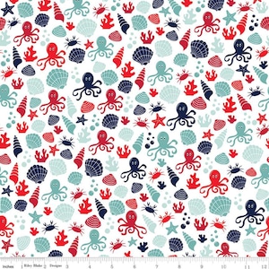 May include: A white fabric with a repeating pattern of red, blue, and teal sea creatures and shells. The pattern includes octopuses, starfish, seashells, and coral.