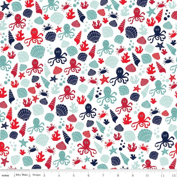 Deep Blue Sea Shells on White Cotton Fabric, Nautical Beach Fun Quilting Apparel Fabric, 1 Yard or More, Jen Allyson, Riley Blake Designs