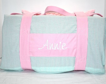Mint Green Seersucker Stripe Kids Kinder Mat COVER with Attached Pink Minky Dot Blanket & Pillow, Preschool Daycare Kids Nap Mat COVER