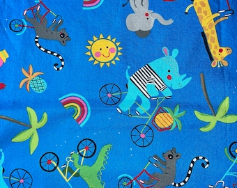 Bicycle Bunch on Blue Cotton Fabric, Elephant Giraffe Jungle Safari Zoo Animals Novelty Quilting, Abi Hall, Moda Fabrics, 1 Yard or More