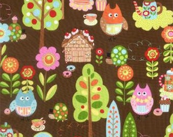 Cherry on Top Owl Garden Flower Floral in Brown Cotton Fabric, Whimsical Candy Treats Novelty Fabric, 1 Yard or More, Keiki, Moda Fabrics