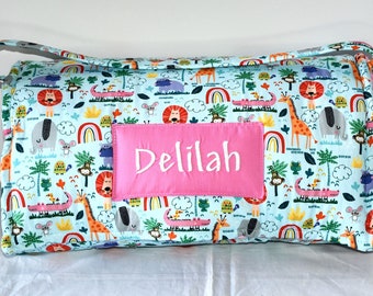 Elephant, Giraffe, Lion Jungle Safari Animal Kids Nap Mat with Pink Minky Dot Blanket, Preschool Kinder Toddler Daycare Sleeping Mat