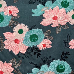 May include: A teal fabric with a floral pattern featuring pink, green, and black flowers. The flowers have a vintage style and are outlined in gold.