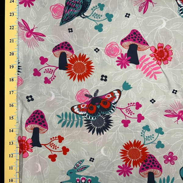 Firefly Ash Cotton Fabric, Twilight Mushroom Butterfly Owl Nature Forest Novelty Fabric, Ruby Star, Sarah Watts, Moda Fabrics 1 Yard or More