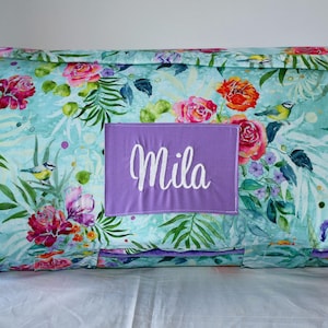 Watercolor Artistic Aqua Garden Floral Kids Nap Mat with Purple Minky Dot Blanket, Preschool Kinder Toddler Daycare Sleeping Mat