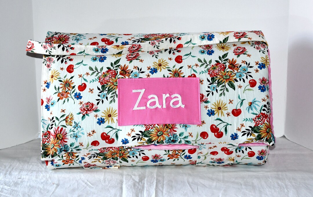 Cherry Cordial Flower Watercolor Floral Garden Memory Foam Nap Mat and Pink Minky Dot Blanket