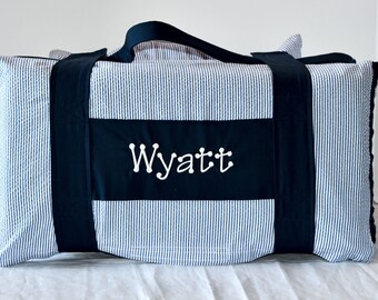 Navy Seersucker Stripe Kids Kinder Mat Cover with Attached Navy Minky Dot Blanket & Pillow, Personalized Preschool Daycare Nap Mat Cover