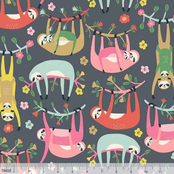 Tree Huggers Sloth on Grey Cotton Fabric, Animal Sloths Hanging Around Novelty Apparel Fabric, Maude Asbury, Blend Fabrics, 1 Yard or More