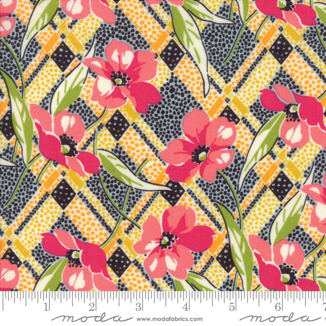 Remix Fuchsia Modern Lily Multi Floral Cotton Fabric, Lattice Flower