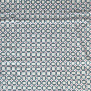 May include: White fabric with a repeating pattern of blue and pink circles and squares.