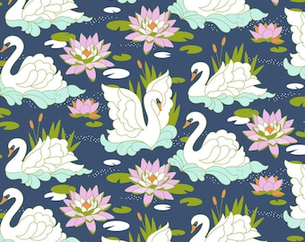 Harmony Swan Waltz on Navy Cotton Fabric, Swan Lake Birds Flowers Apparel Novelty Fabric, Stacy Peterson, Blend Fabrics, 1 Yard or More
