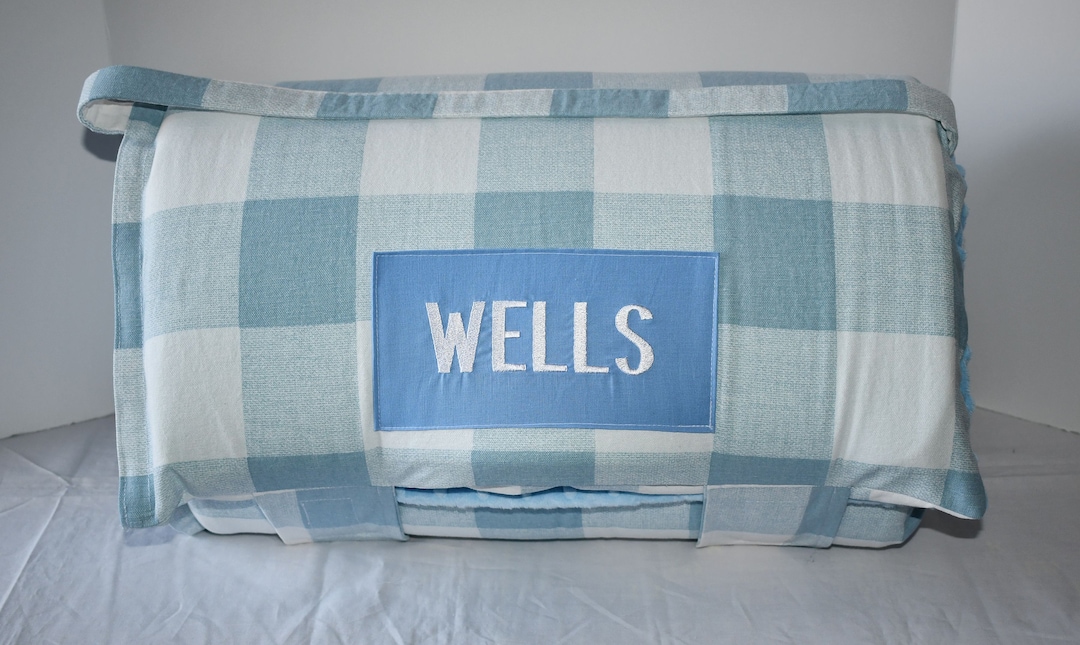 Light Blue Buffalo Plaid Memory Foam Kids Nap Mat With Blue Minky Dot