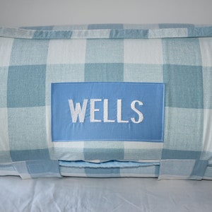 Light Blue Buffalo Plaid Memory Foam Kids Nap Mat with Blue Minky Dot Blanket