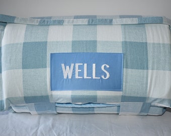 Light Blue Buffalo Plaid Memory Foam Kids Nap Mat with Blue Minky Dot Blanket, Preschool High Density Foam, Kinder Sleeping Nap Mat