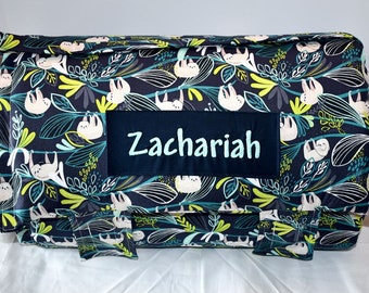 Navy Hanging Sloth Memory Foam Kids Nap Mat with Navy Minky Dot Blanket