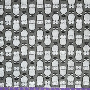 May include: Gray fabric with a white repeating pattern of owls with their eyes closed. The owls are outlined in black.