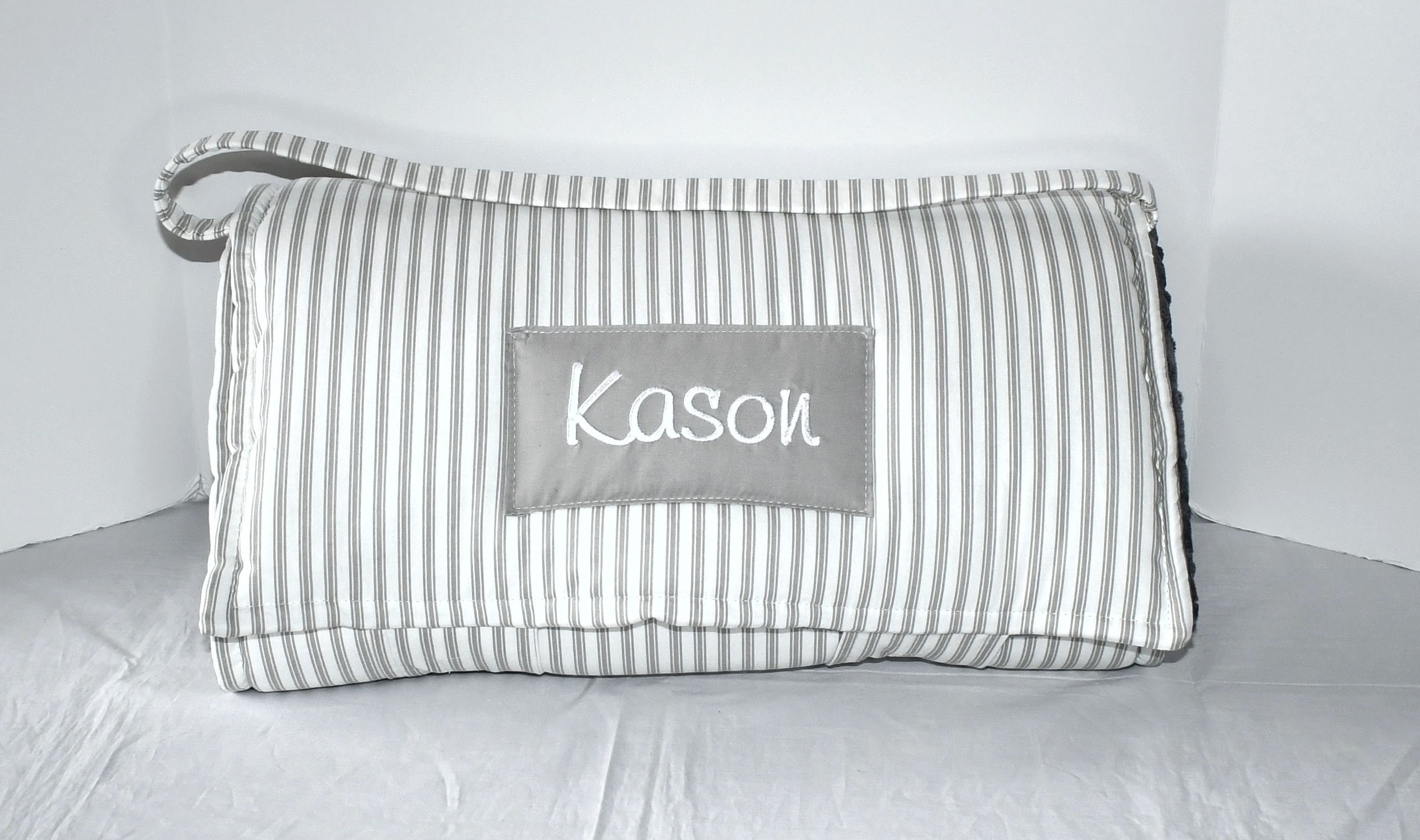 Grey Shores Pinstripe Kids Nap Mat with a Grey Minky Dot Blanket, Personalized Preschool Kinder Toddler, Daycare Sleeping Mat