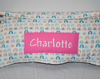 Watercolor Rainbow Kids Nap Mat with Pink Minky Dot Blanket, Personalize Preschool Kinder Toddler Daycare Sleeping Mat